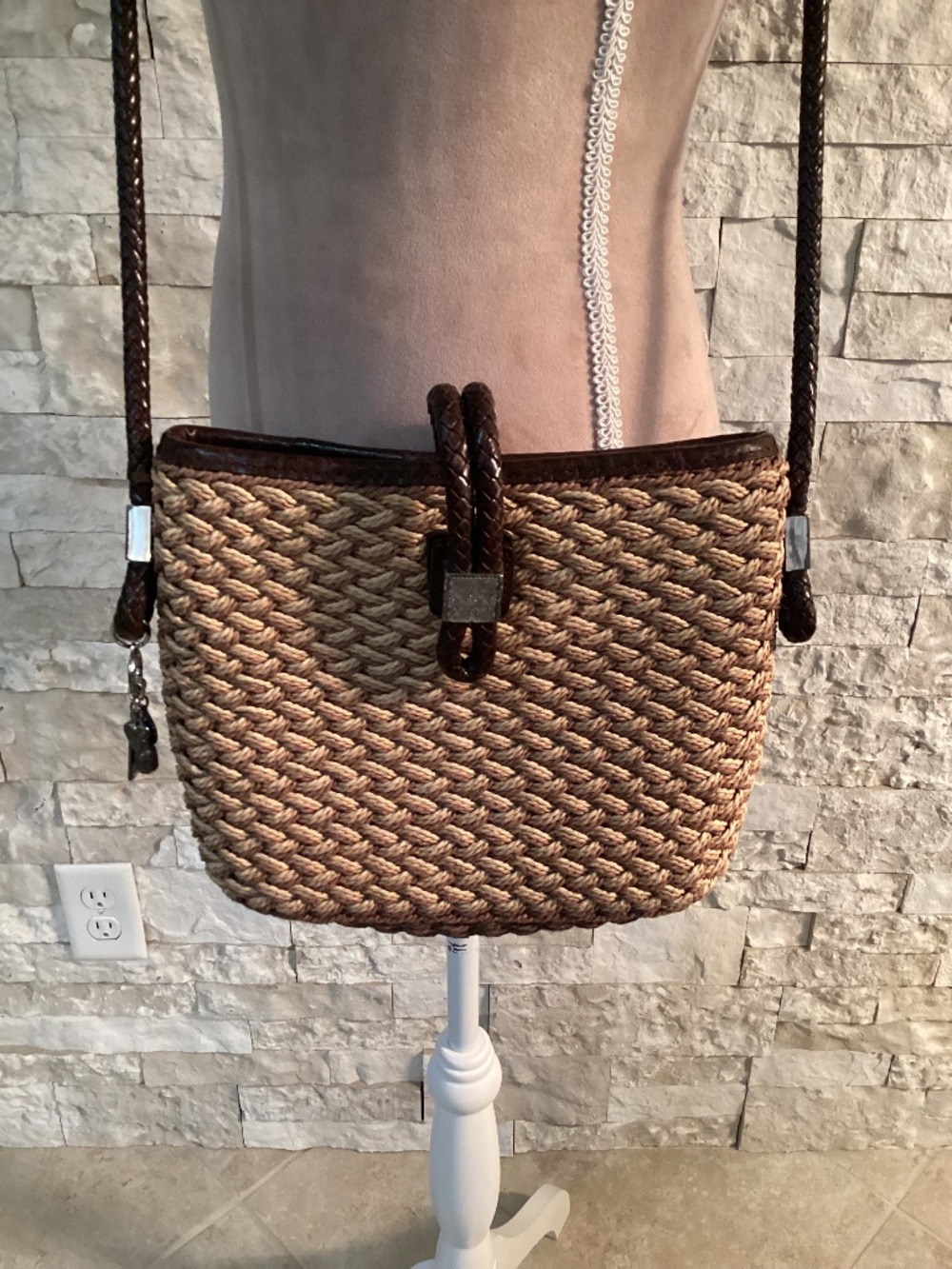 Vintage Brighton Jute Straw Leather Crossbody Bag